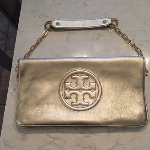 Tory Burch LT Gold Leather Clutch with Gld chain